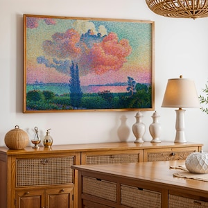 Pointillist Landscape Art Print, Vibrant Neo-Impressionist Style Poster, Colorful Cloud Scene, Fine Art Reproduction