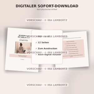May include: A digital document titled IM GESPRÄCH MIT DER ANGST featuring a 12-page layout for printing or digital use. The pages include text in German, a graphic of a person sitting by the sea, and a list of steps for managing anxiety and panic.
