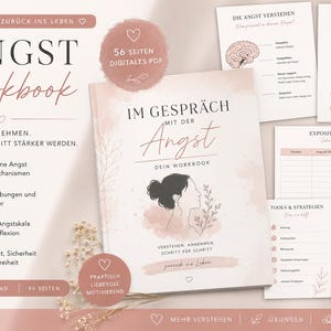 Könnte beinhalten: Ein 56-seitiges digitales Angst-Workbook im PDF-Format mit einer Farbpalette in zartem Rosa und Weiß. Das Cover zeigt den Text 'ANGST Workbook' und 'IM GESPRÄCH MIT DER Angst', ergänzt durch eine Strichzeichnung einer Person und florale Akzente.