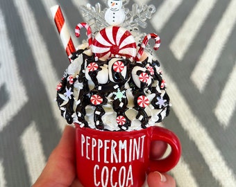 Christmas Snowman Peppermint Cocoa Faux Fake Whipped Cream Mini Mug Tier Tray Decor