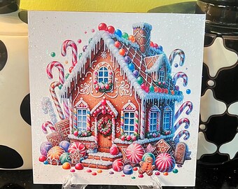 May include: A gingerbread house decorated with candy canes, gumdrops, and other sweets. The house is surrounded by a snowy landscape and a gingerbread man.