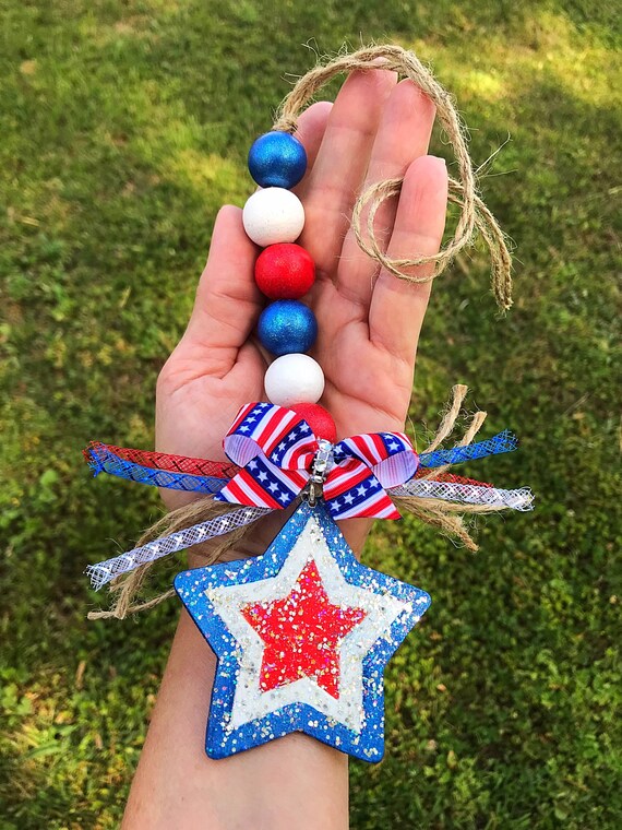 Patriotic 4th of July Glitter Star Rae Dunn Canister Wood Beads Tiered Tray Decor