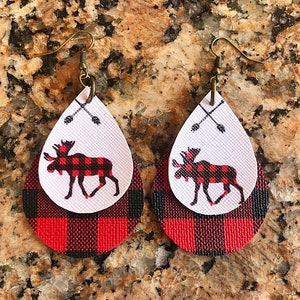 Buffalo Plaid Faux Leather Moose Teardrop Double Stacked Earrings