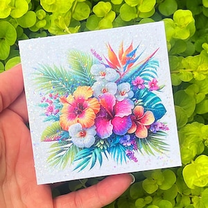 Tropical Floral Hibiscus Mini Glitter Wood Sign for Tiered Tray Decor