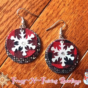 Christmas Snowflakes & Buffalo Plaid w Silver Metallic Faux Leather Round Earrings