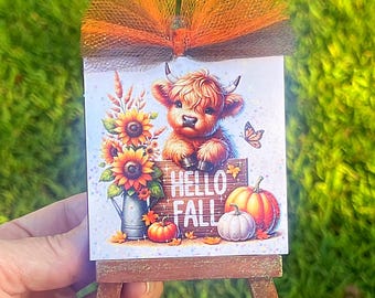 Highland Cow Hello Fall w Sunflowers Pumpkins Mini Glitter Square Wood Sign Stand Decor