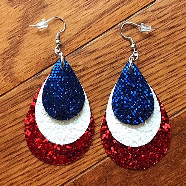 Patriotic 4th of July Red, White & Blue Glitter Teardrop Earrings