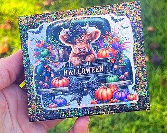 Halloween Truck & Baby Highland Cow Mini Glitter Wood Sign Tiered Tray Decor
