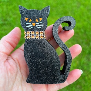 Halloween Black Cat Glitter Wood Cutout Tier Tray Decor