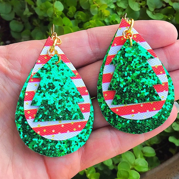 Christmas Trees Glitter Triple Stacked Faux Leather Teardrop Earrings