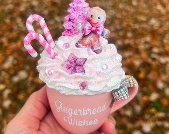 Pink Christmas Gingerbread Wishes Faux Fake Whipped Cream Mini Mug Tier Tray Decor
