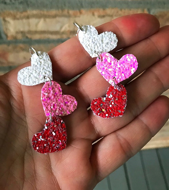 Valentine’s Day Red, Pink & White Glitter Hearts Faux Leather Dangle  Earrings