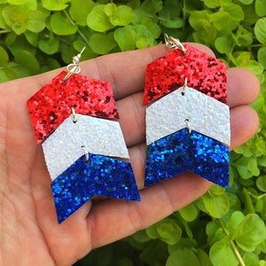 Patriotic 4th of July Red, White & Blue Arrow Glitter Leather Earrings