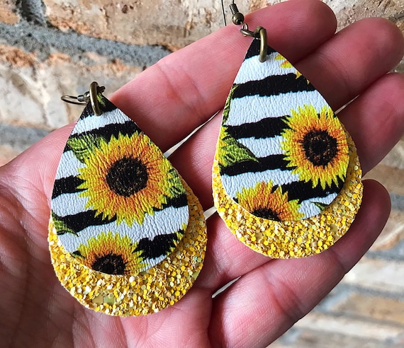 Sunflowers Stripes Glitter Faux Leather Teardrop Earrings Etsy