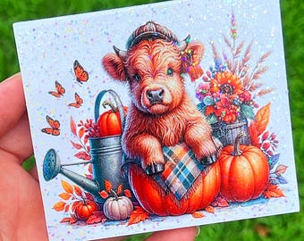 Autumn Fall Highland Cow & Pumpkins Mini Glitter Wood Sign Tiered Tray Decor