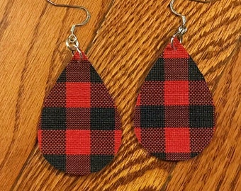Buffalo Plaid Faux Leather Teardrop Earrings