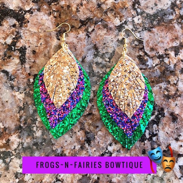 Mardi Gras Faux Leather Triple Stack Glitter Dangle Earrings