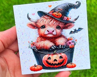 Halloween Highland Cow Mini Glitter Wood Sign Tiered Tray Decor