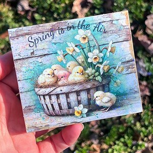 May include: Square artwork featuring a watercolor illustration of a basket filled with yellow chicks and white daffodils. The text "Spring is in the Air" is written across the top. The background has a weathered, blue-toned wood texture.