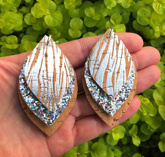 Faux Leather Cork Leather Earrings Silver Zebra Print Cork Faux