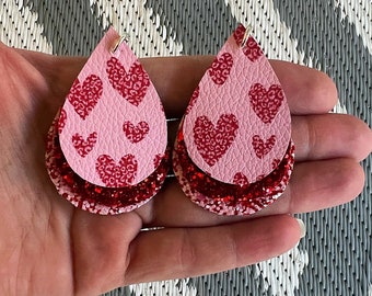 Valentine’s Day Leopard Hearts Faux Leather Triple Stacked Glitter Teardrop Earrings