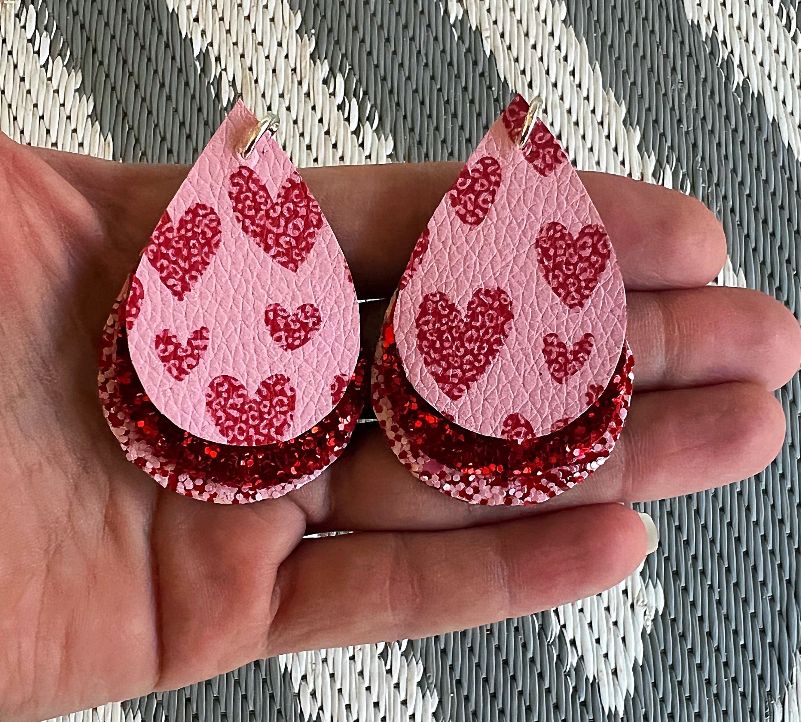 Valentine’s Day Red, Pink & White Glitter Hearts Faux Leather Dangle  Earrings