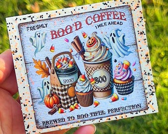 Halloween Ghost Coffee Mini Glitter Wood Sign Tiered Tray Decor