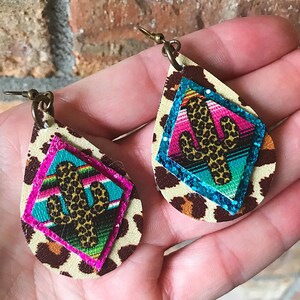 Leopard Cactus & Serape Print Triple Stacked Faux Leather Teardrop Earrings