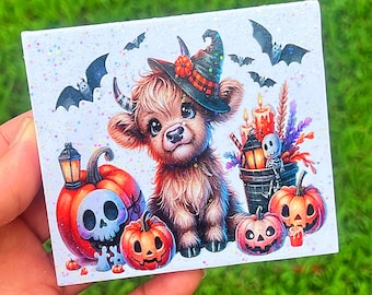 Halloween Highland Cow Mini Glitter Wood Sign Tiered Tray Decor