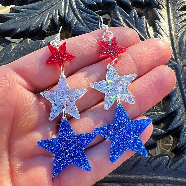 USA 4th of July Patriotic Glitter Stars Resin Earrings