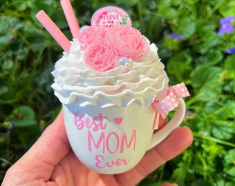 Happy Mothers Day Pink Faux Fake Whipped Cream Mini Mug Tier Tray Decor