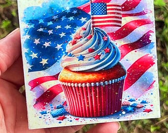 Patriotic 4th of July Cupcake Glitter Mini Wood Sign Tiered Tray Decor