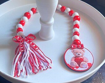 Valentine’s Day Teddy Bear Wood Bead Garland Tiered Tray Decor