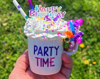 Happy Birthday Faux Fake Whipped Cream Mini Mug Tier Tray Decor