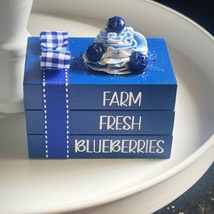 May include: A stack of three blue wooden blocks with the words "FARM FRESH BLUEBERRIES" in white. A blue and white gingham bow and ribbon accent the side. The top block is decorated with a blueberry-topped whipped cream design.