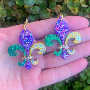 Mardi Gras Fleur de Lis Wood Glitter Earrings image 1