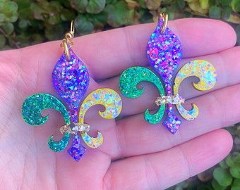 Mardi Gras Fleur de Lis Wood Glitter Earrings