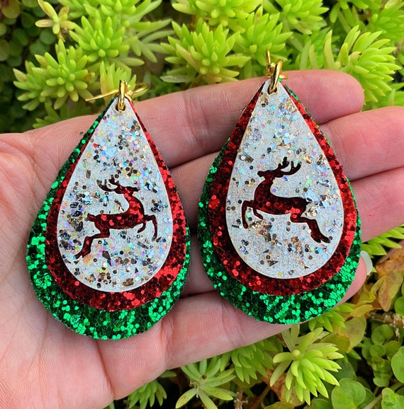 Christmas Faux Leather Teardrop Earrings For Women - Lightweight Dangle Earrings, Handmade Holiday Jewelry Gift