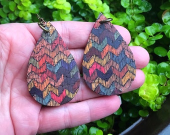 Chevron Cork Teardrop Faux Leather Earrings