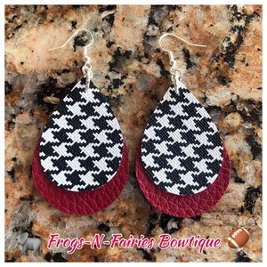 Houndstooth & Crimson Faux Leather Double Stacked Earrings
