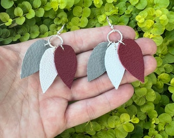 Maroon White Gray Genuine Leather Dangle Earrings