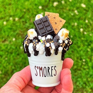 May include: A white bucket with the word "S'MORES" in brown lettering, filled with a dessert featuring marshmallows, chocolate, and graham crackers. The dessert has chocolate drizzle and sprinkles. The background is green grass.