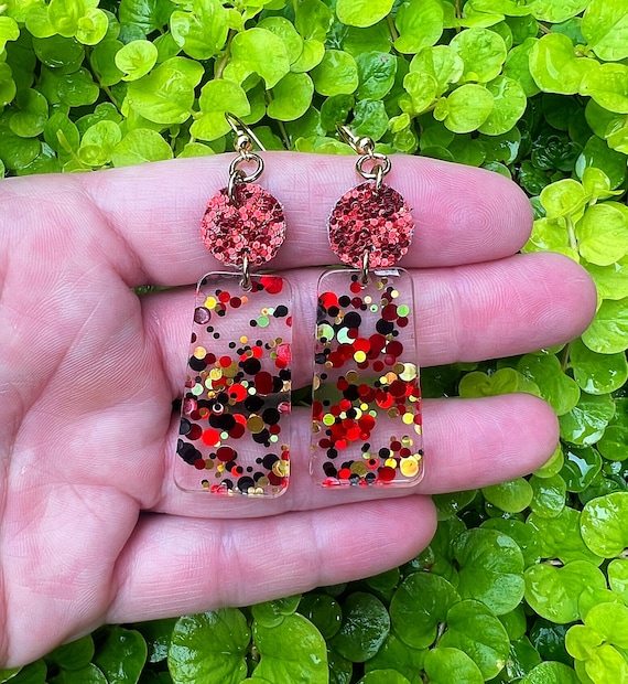 Red Black Gold Glitter Acrylic Resin Earrings