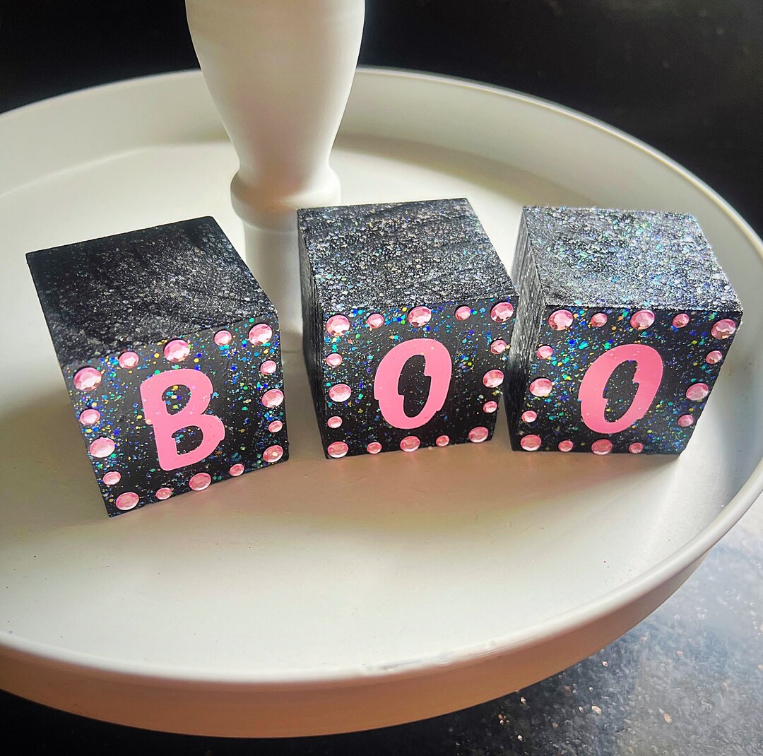 Rhinestone Boo Halloween Pink Rhinestones BOO Ghost Glitter Wood Blocks Set of 3 Tier ...