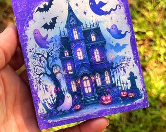 Purple Halloween Spooky Ghosts House Mini Glitter Wood Sign Tiered Tray Decor