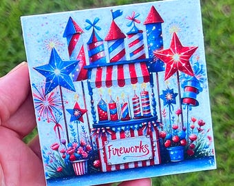 Patriotic Happy 4th of July Fireworks Stand Glitter Mini Wood Sign Tiered Tray Decor