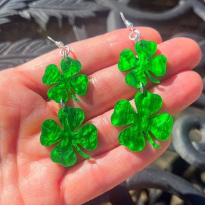 St. Patricks Day Glitter Shamrocks Acrylic Resin Earrings