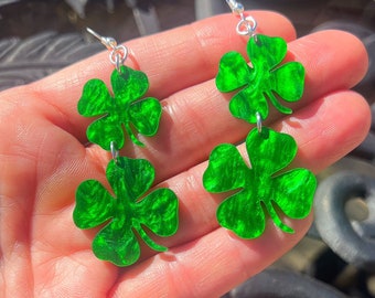 St. Patricks Day Glitter Shamrocks Acrylic Resin Earrings