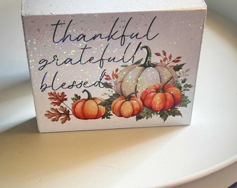 Thanksgiving Thankful Grateful & Blessed Mini Glitter Wood Sign Tiered Tray Decor