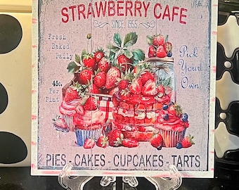 Strawberry Sweets Square Glitter Sign Stand Decor